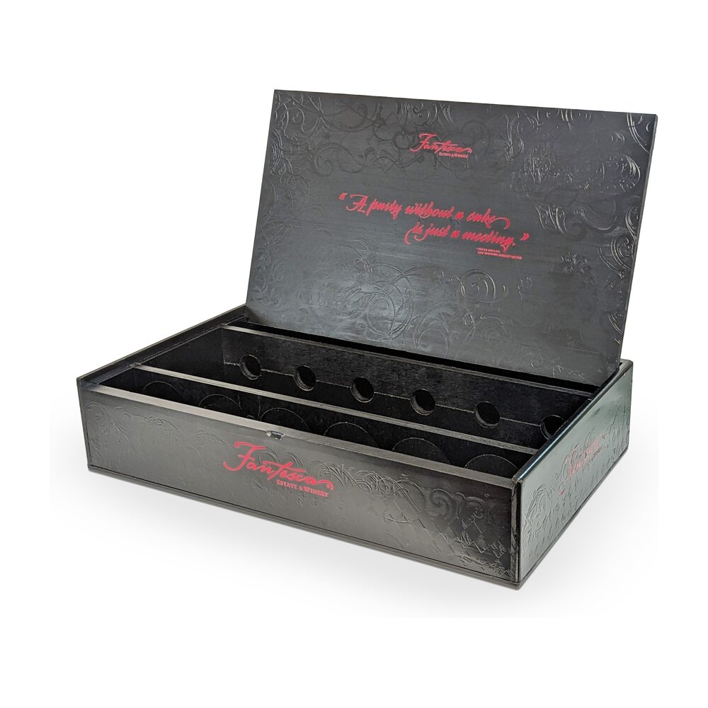 Custom wood box and crate display for Fantesca Bottle Row Open Black Box
